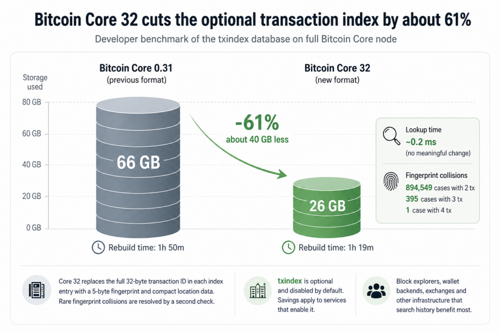 Bitcoin Core 32 cuts the optional "txindex" from about 66 GB to 26 GB in developer testing. Source: ChatGPT