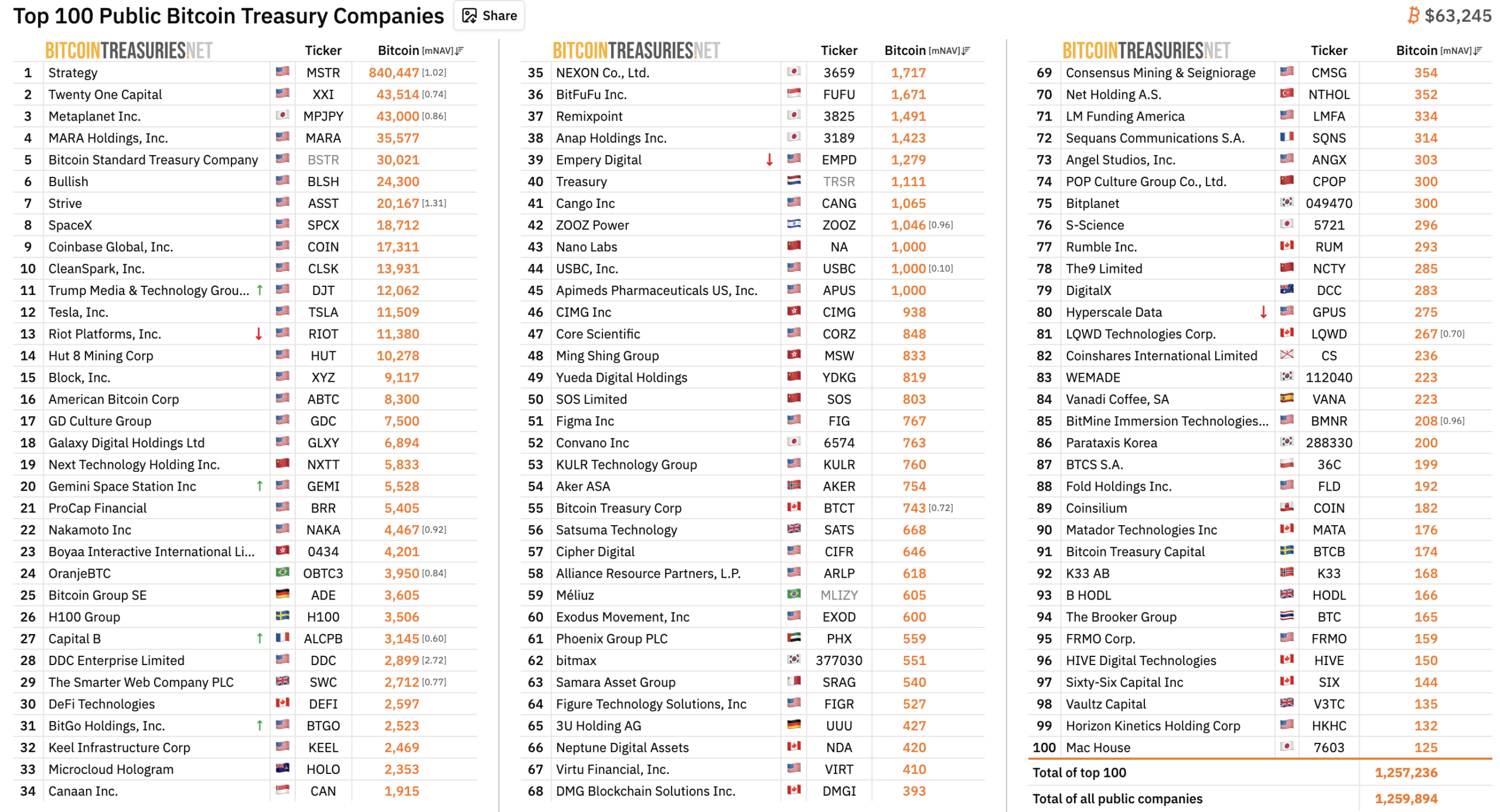 Top 100 public companies holding Bitcoin (BTC). Source: Bitcoin Treasuries