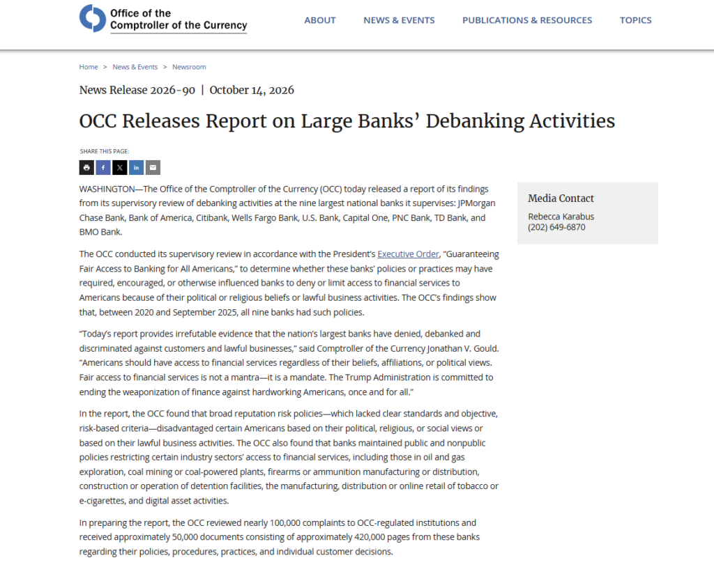 OCC report on debanking at nine US banks. Source: OCC